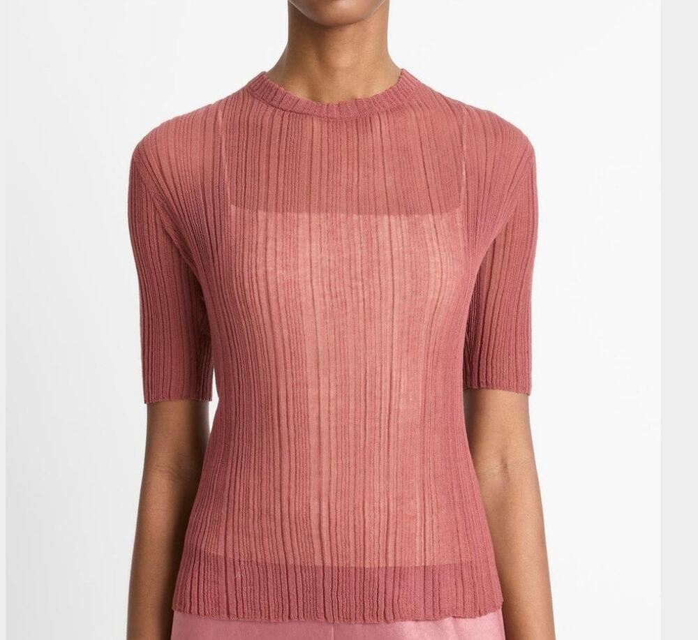 Vince Double Layered Ribbed Elbow Sleeve Top Rose Pink Size S NWT $328